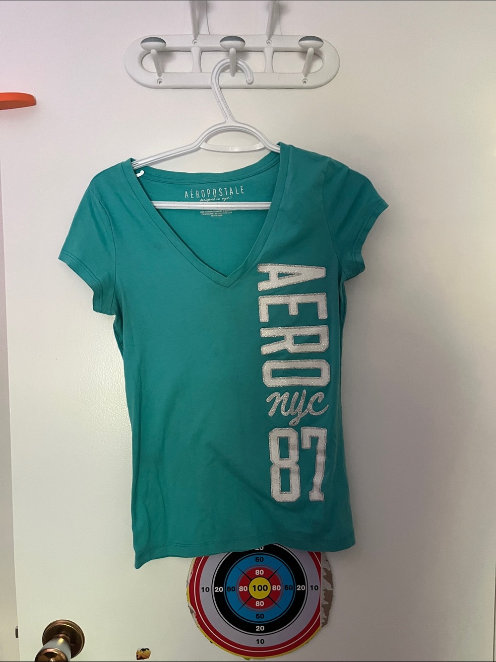 Aeropostale Teal V-Neck Graphic Tee - AERO NYC 87
